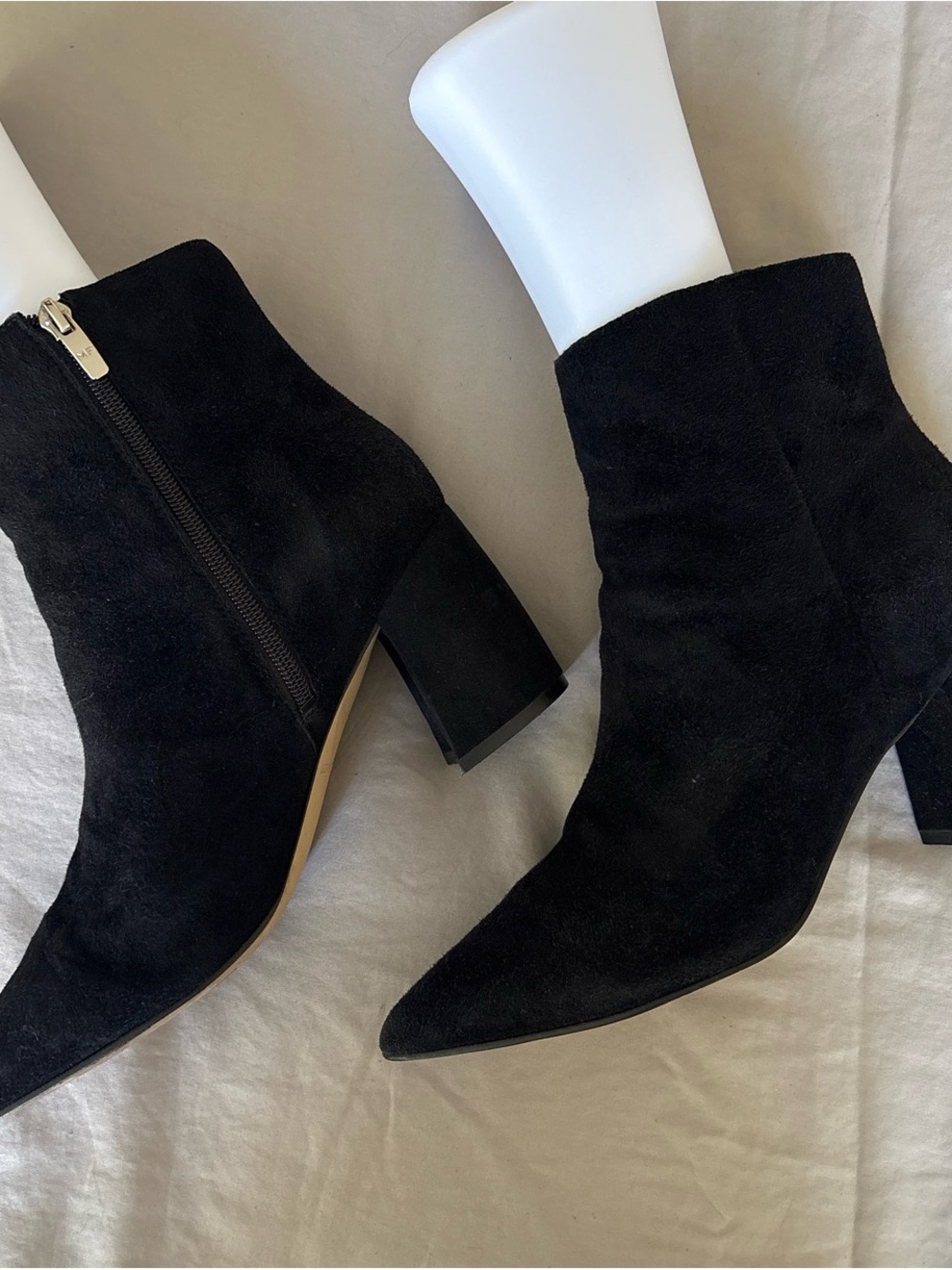 Marc Fisher Black Suede Pointed Ankle Booties with Block Heel